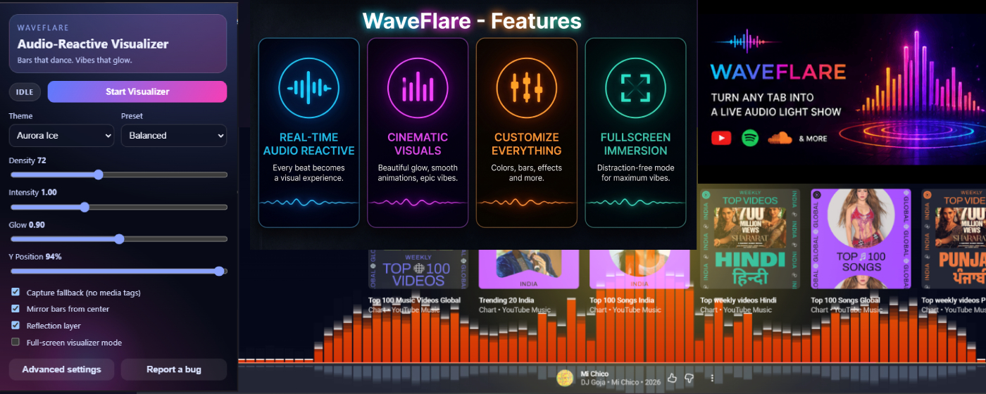 WaveFlare visualizer running over a music site
