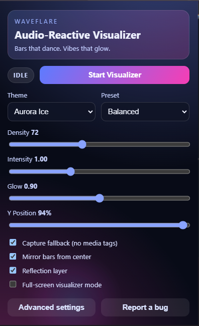 WaveFlare popup controls
